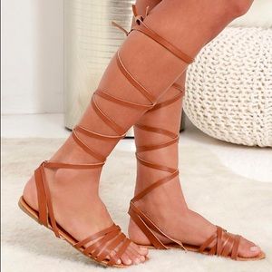 Lulu’s Tan Leg Wrap Sandals